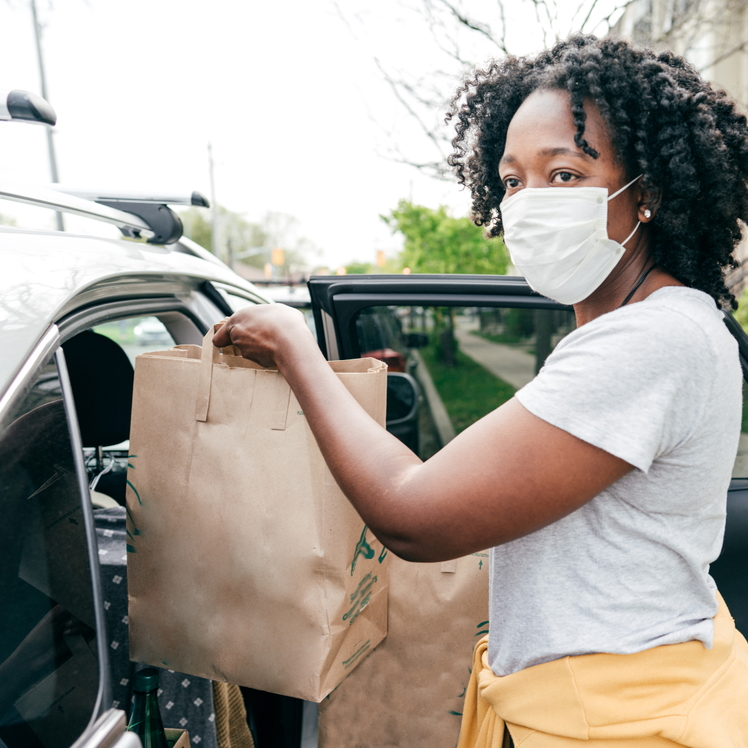 Person wearing mask loading grocery bags into car